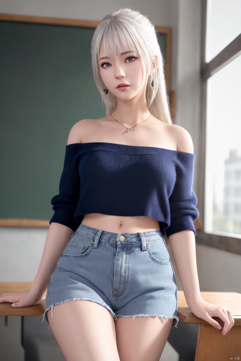  ((HRD, HUD, 8K)),((masterpiece, best quality)), highly detailed, soft light,1girl, solo, long hair,silvery white hair, blue eyes, facial mark, forehead mark, crescent, lips, (off-shoulder sweater:1.2), denim shorts, black pantyhose, blurry background, classroom, chalkboard, sitting, cowboy shot, looking at viewer, ((poakl))