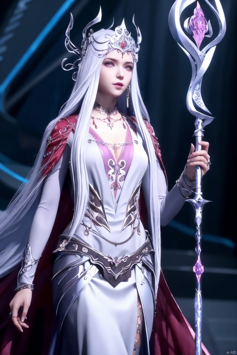 1girl, solo, long hair, dress, holding, jewelry, white hair, necklace, staff