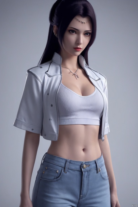 best quality,masterpiece,ultra high res,1girl,breast,pure color background, solo,long hair,black hair,navel,jacket,(short shirt:1.3),midriff,hair over one eye,crop top,looking at viewer,