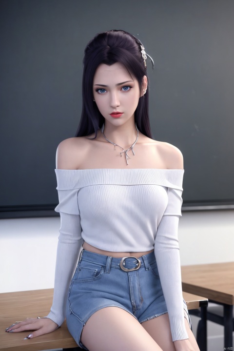 ((HRD, HUD, 8K)),((masterpiece, best quality)), highly detailed, soft light,1girl, solo, long hair, blue hair, black hair, hair ornament, blue eyes, facial mark, forehead mark, crescent, lips, (off-shoulder sweater:1.2), denim shorts, black pantyhose, blurry background, classroom, chalkboard, sitting, cowboy shot, looking at viewer,