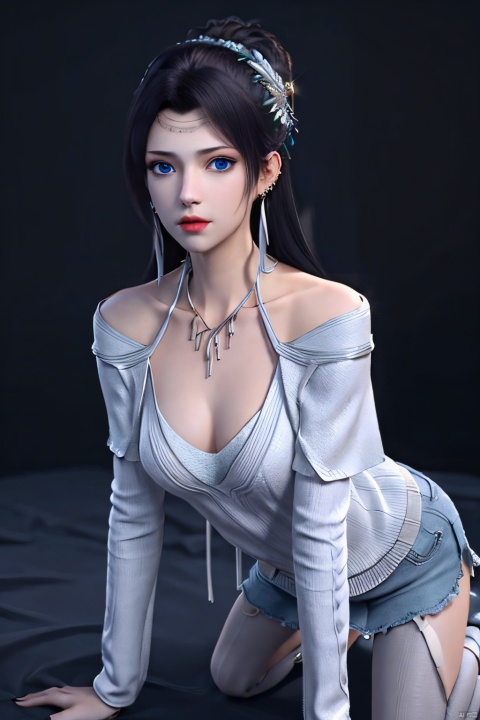  ((HRD, HUD, 8K)),((masterpiece, best quality)), highly detailed,1girl, solo, black hair, long hair, hair ornament, hair bun, blue eyes, lips,earrings, jewelry, necklace, (off-shoulder sweater:1.2), denim shorts, black pantyhose,simple background, grey background, flat color background, full body, (all fours:1.2), looking at viewer, , YunYun