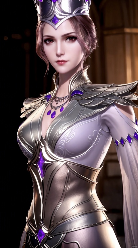  Full body, 1girl,armor,breasts,brown eyes,earrings,jewelry,lips,crown,looking at viewer,necklace,shoulder armor,simple background,solo,upper body,white background,,