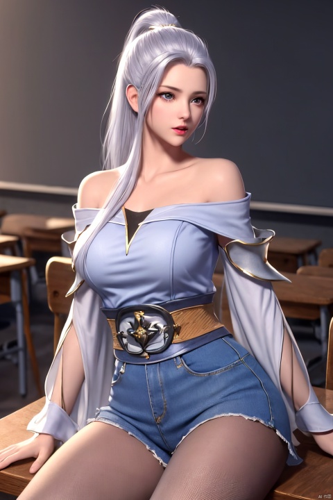 ((HRD, HUD, 8K)),((masterpiece, best quality)), highly detailed, soft light,1girl, solo, long hair, silver gray hair, blue eyes, facial mark, forehead mark, crescent, lips, (off-shoulder shirt:1.2), denim shorts, black pantyhose, blurry background, classroom, chalkboard, sitting, cowboy shot, looking at viewer,
