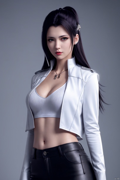 best quality,masterpiece,ultra high res,1girl,breast,pure color background, solo,long hair,black hair,navel,jacket,(short shirt:1.3),midriff,hair over one eye,crop top,looking at viewer,