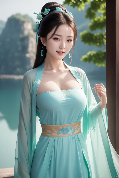 A girl,undressed,(breasts out:1.4),nuded,sexy,(nipples:1.4),light green and blue Chinese style dress,Hanfu, standing,outdoors,lake,follow,butterfly,light smile