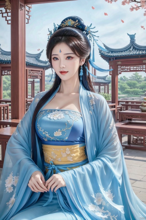  (Best quality, masterpiece, realistic, 4k),A girl, blue Chinese style dress,Hanfu,Medium breast,Ancient architecture, petals falling, spring, little smile,outdoor