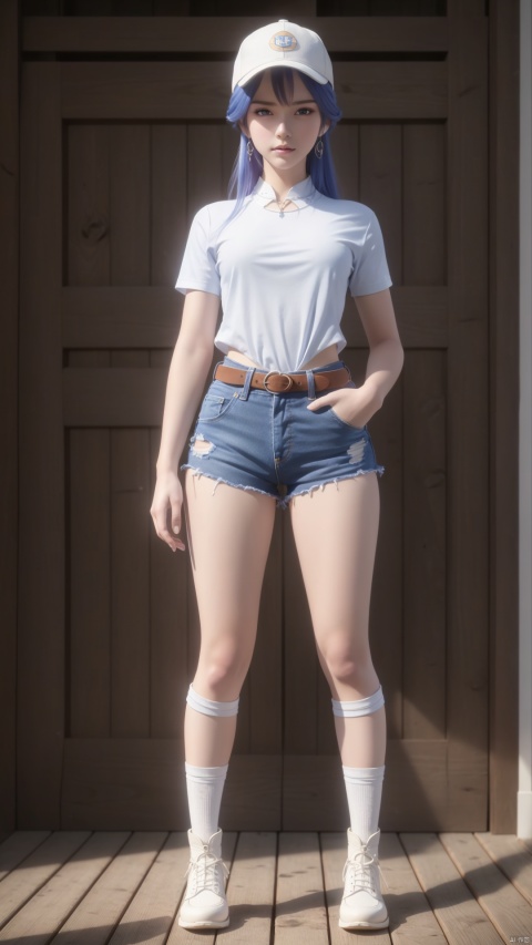  (Best quality), (masterpiece), (high-level), illustrations, original, very detailed,full body, 1 girl, solo, hat, shorts, blue eyes, blue hair, denim lens, whistle, thigh height, wristband, baseball cap, navel, long hair, abdomen, shorts, belt, shirt, hands on hips, lips, white shorts, white background, blue thigh height, looking at the audience, tied shirt, simple background,
