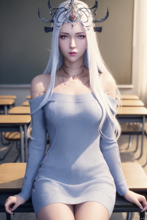 ((HRD, HUD, 8K)),((masterpiece, best quality)), highly detailed, soft light,1girl, solo, long hair, white hair, blue eyes, facial mark, forehead mark, crescent, lips, (off-shoulder sweater:1.2), denim shorts, black pantyhose, blurry background, classroom, chalkboard, sitting, cowboy shot, looking at viewer,