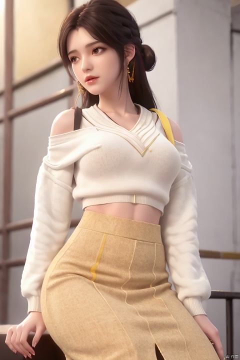 1 girl,Black hair,(White sweater:1.4),(Bare shoulder:1.2),Medium breast,Cleavage of breast,(Yellow pencil skirt:1.4),,