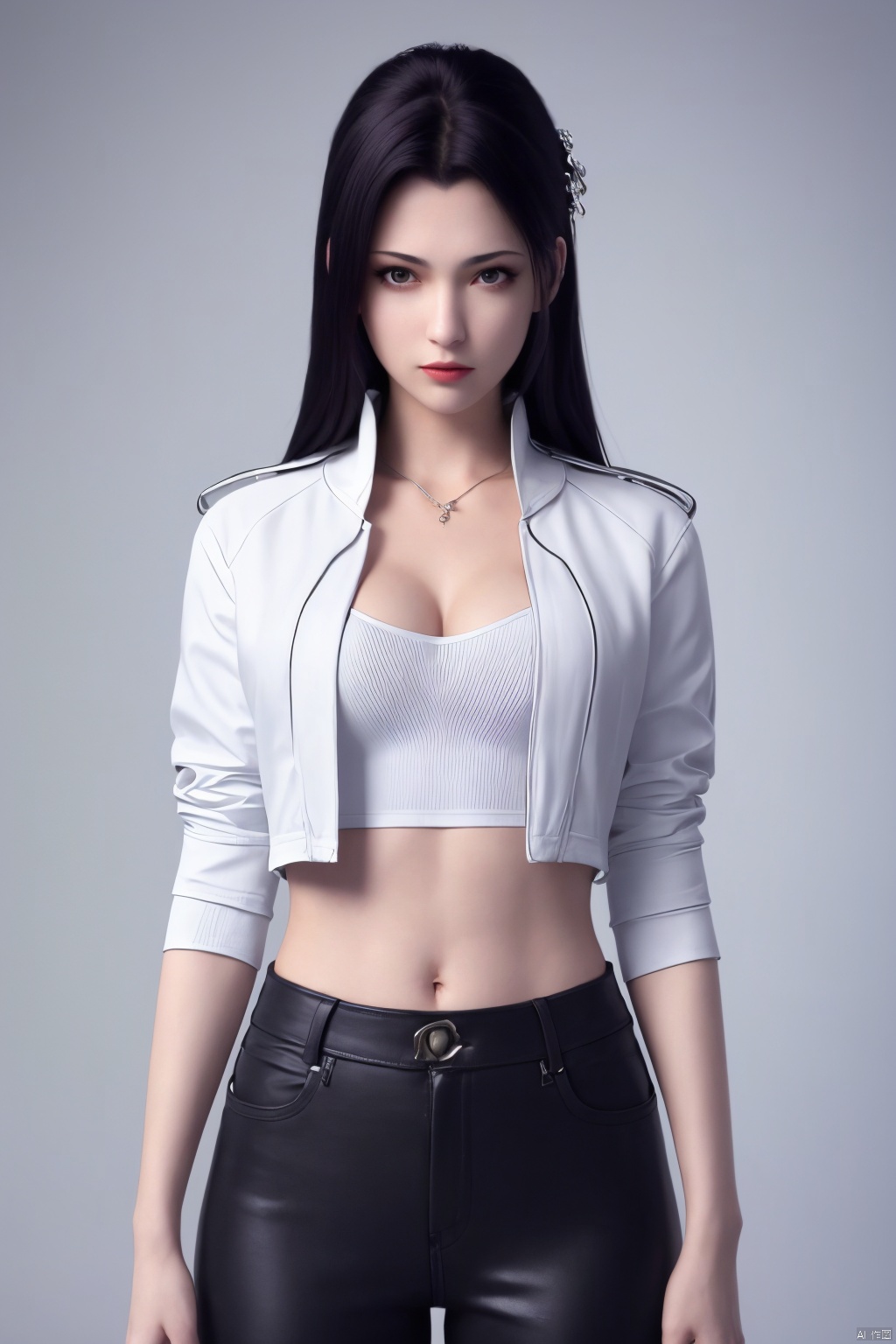 best quality,masterpiece,ultra high res,1girl,breast,pure color background, solo,long hair,black hair,navel,jacket,(short shirt:1.3),midriff,hair over one eye,crop top,looking at viewer,