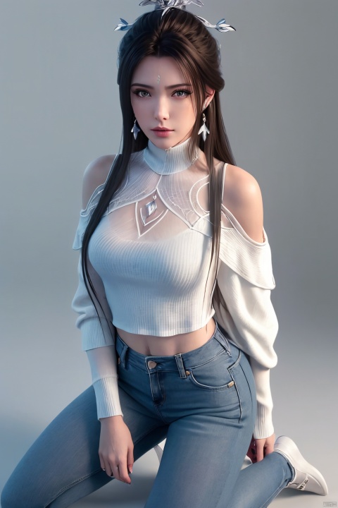  ((HRD, HUD, 8K)),((masterpiece, best quality)), highly detailed,1girl, solo, black hair, long hair, hair ornament, hair bun, blue eyes, lips,earrings, jewelry, necklace, (off-shoulder sweater:1.2), denim shorts, black pantyhose,simple background, grey background, flat color background, full body, (kneeling&setting on floot:1.2), looking at viewer,