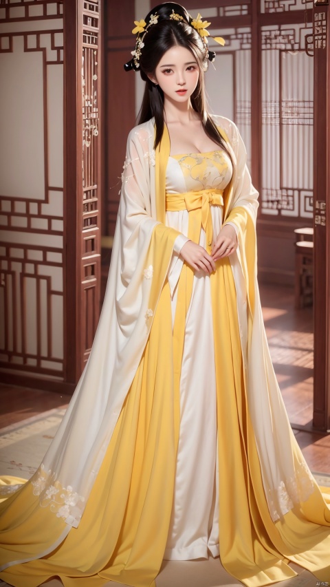  ((1girls: 1.4)), (Full body), black long hair, one girl with white plain embroide yellow hanfu, a girl with red hanfu,white and red dress,, bed room, standing,solo