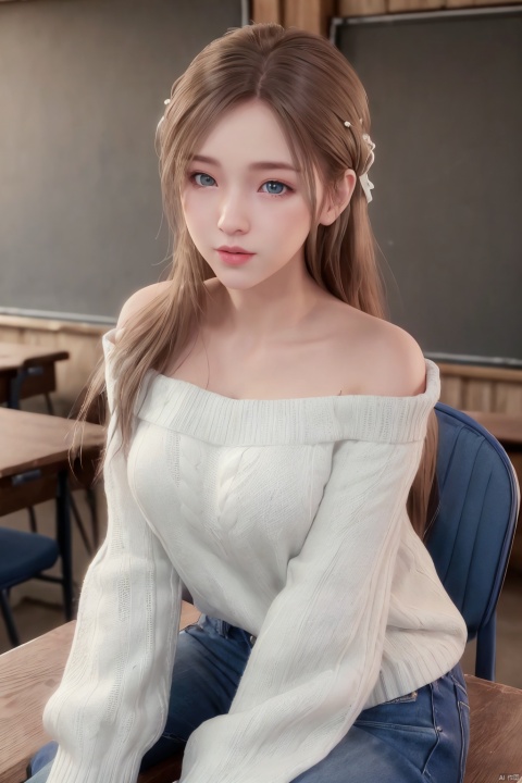 ((HRD, HUD, 8K)),((masterpiece, best quality)),highly detailed,soft light,1girl,solo,long hair,silver hair,blue eyes,facial mark,forehead mark,crescent,lips,(off-shoulder sweater:1.2),denim shorts,black pantyhose,blurry background,classroom,chalkboard,sitting,cowboy shot,looking at viewer,