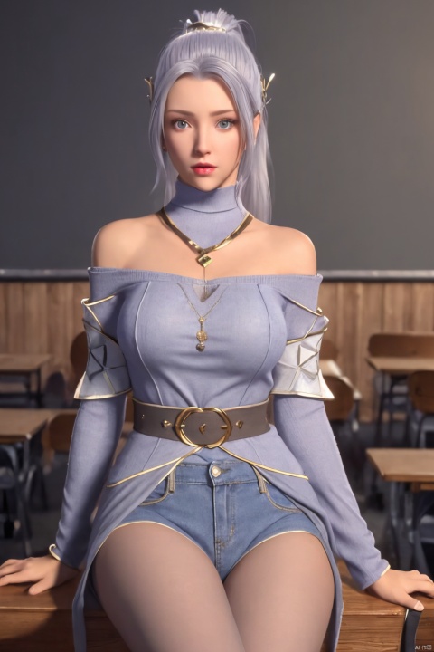 ((HRD, HUD, 8K)),((masterpiece, best quality)), highly detailed, soft light,1girl, solo, long hair, silver gray hair, blue eyes, facial mark, forehead mark, crescent, lips, (off-shoulder sweater:1.2), denim shorts, black pantyhose, blurry background, classroom, chalkboard, sitting, cowboy shot, looking at viewer,