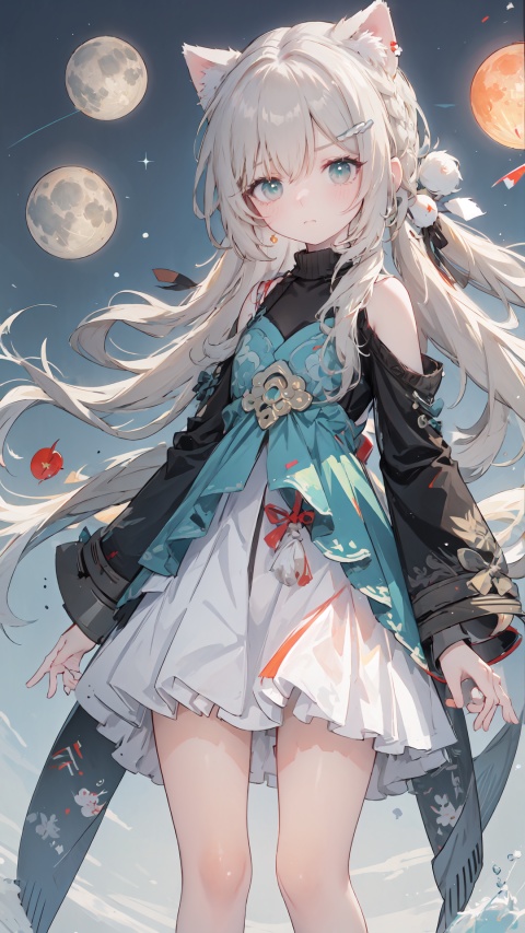 masterpiece:1.2, PIXIV, As the moon,loli, solo,(scared:1.5), long hair, moon, looking at viewer, full moon, wide sleeves, long sleeves, floral print, egasumi, hair ornament, bangs, hair between eyes, standing, closed mouth, jewelry, blush, earrings, Cat ear, Hanfu,  best quality