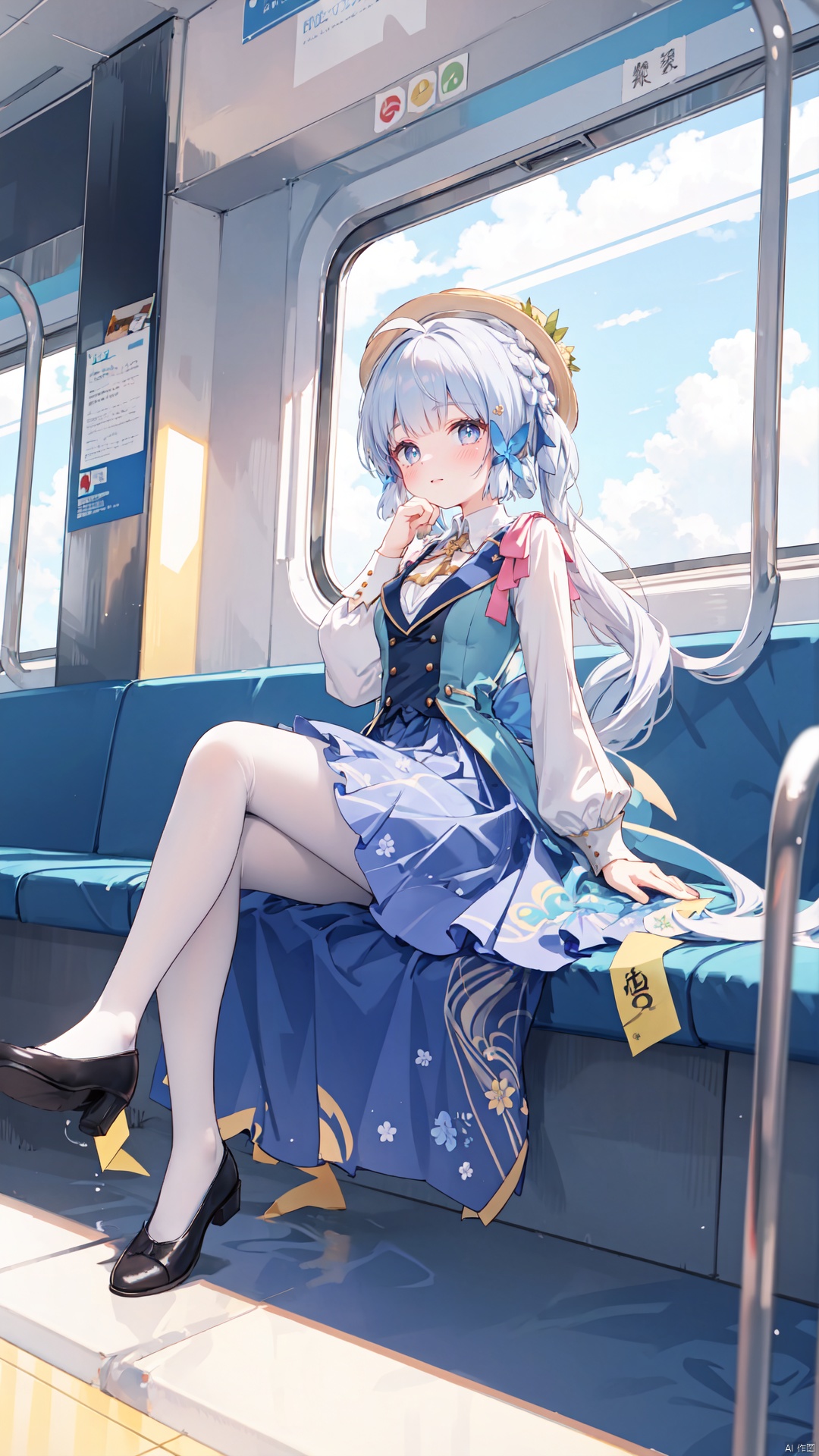  best quality,loli,(1girl,solo),long hair,( hair ribbon:0.8), hanfu dress,sundress,(sitting,looking out of window),((on the train, train windows,indoors)),trees,plain,clouds,(from side,full body,wide shot, mid shot), white pantyhose,(ahoge),((slit pupils)),  ru_qun,kamisatoayakaspring