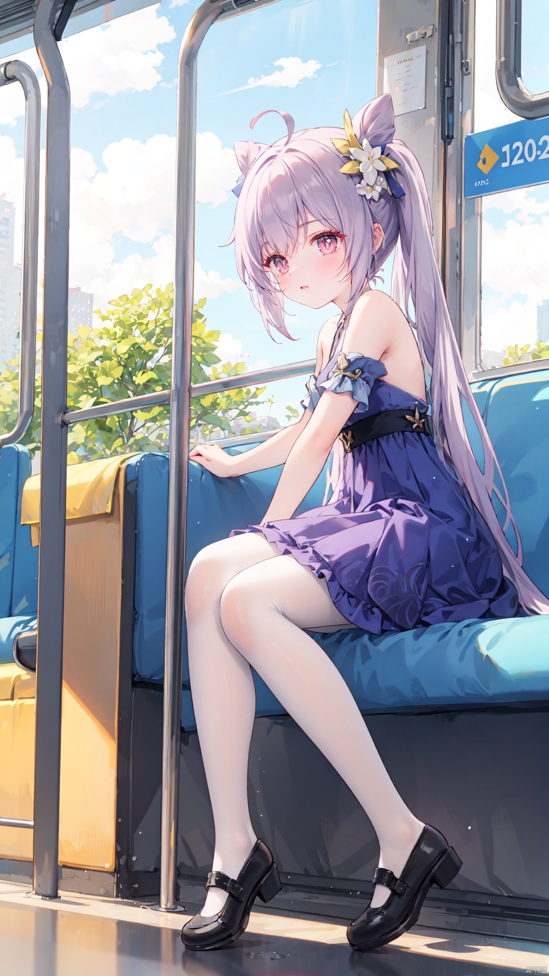 best quality,loli,(1girl,solo),long hair,( hair ribbon:0.8), hanfu dress,sundress,(sitting,looking out of window),((on the train, train windows,indoors)),trees,plain,clouds,(from side,full body,wide shot, mid shot), white pantyhose,(ahoge),((slit pupils)), keqingdef, ru_qun