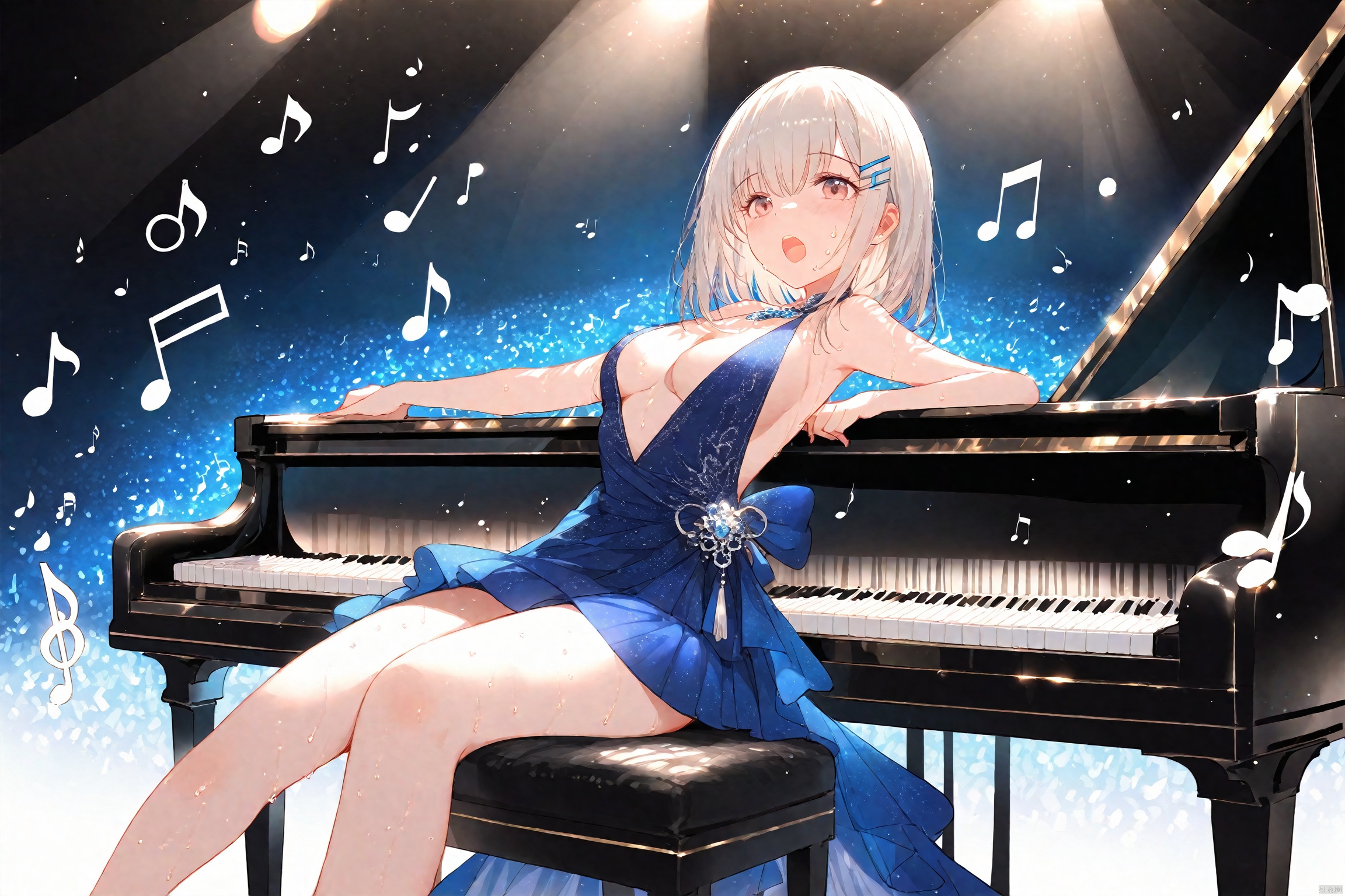  1 girl,grand piano, {{{Hands on the piano, playing the piano}}}, ornament, bare shoulders, halter dress, dress, backless dress, open mouth, blush, revealing clothes,hairclip, sweat, thighs, medium breasts, cleavage, {{{sitting on chair}}}, {{musical note, beamed eighth notes}}, Lots of symbols, symbol in air, Spotlight, stage, Center stage, Concert,best quality, best hands,perfect hands,amazing quality, very aesthetic, absurdres best quality, amazing quality, , Illustration, (\hui mou\)