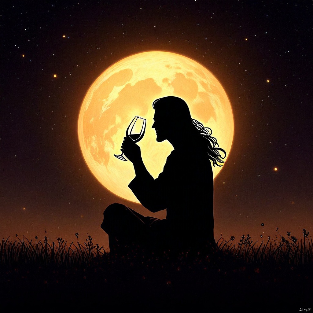一个人拿起酒杯,和月亮对饮,人和月亮照的影子,杯中的影子一同共饮