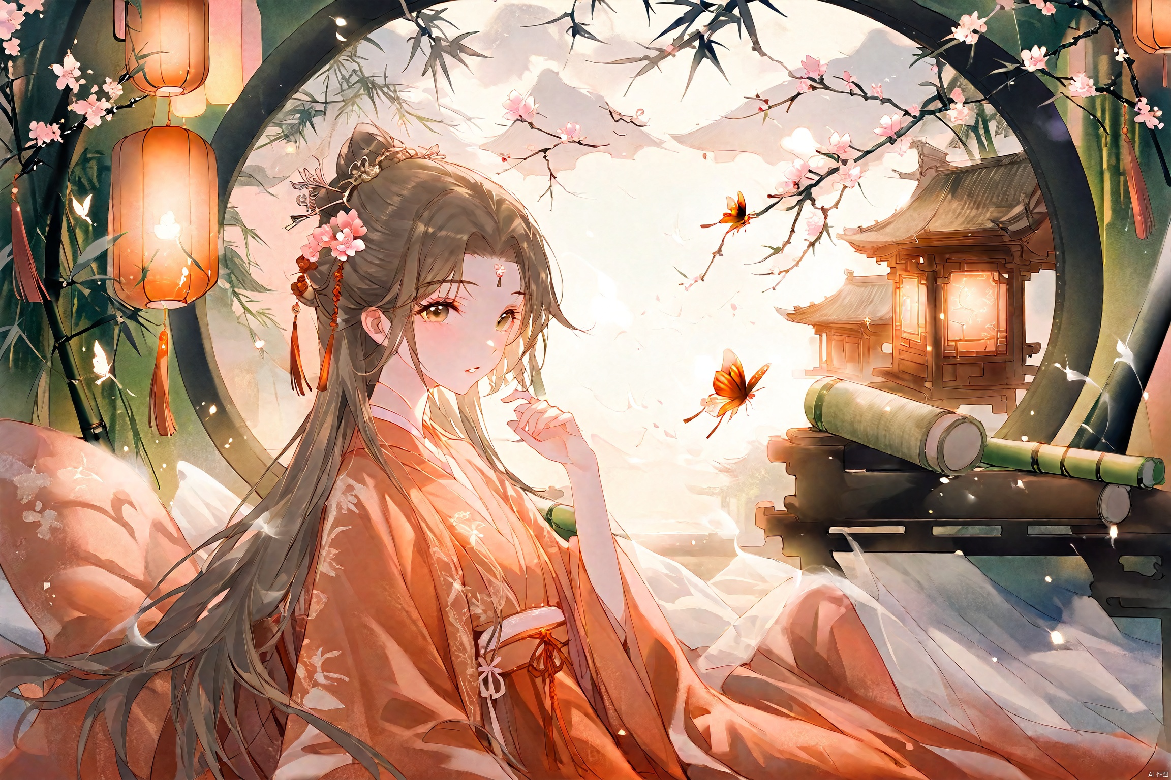 1 girl,{{{hanfu,red hanfu,chinese clothes}}},close up,solo,looking at viewer, blush,sitting,flower, short sleeves, indoors,bamboo scroll,parted lips,hand up, bamboo screen, window,bug,  lantern, branch,architecture, east asian architecture,round window, lattice, neck tassel,chinese commentary,smoke,from side,best quality, amazing quality, very aesthetic, absurdres,chinese commentary , best quality, amazing quality, very aesthetic, absurdres
