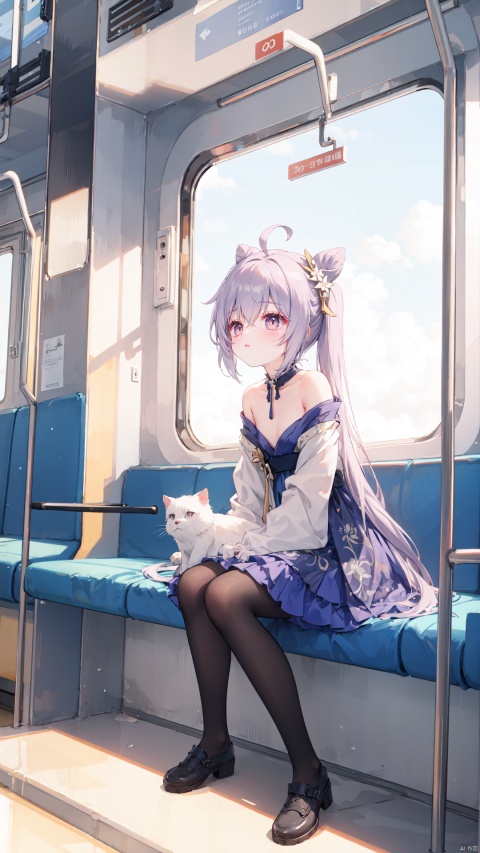 best quality,loli,(1girl,solo),long hair,( hair ribbon:0.8), hanfu dress,sundress,(sitting,looking out of window),((on the train, train windows,indoors)),trees,plain,clouds,(from side,full body,wide shot, mid shot), white pantyhose,(ahoge),((slit pupils)), keqingdef, ru_qun