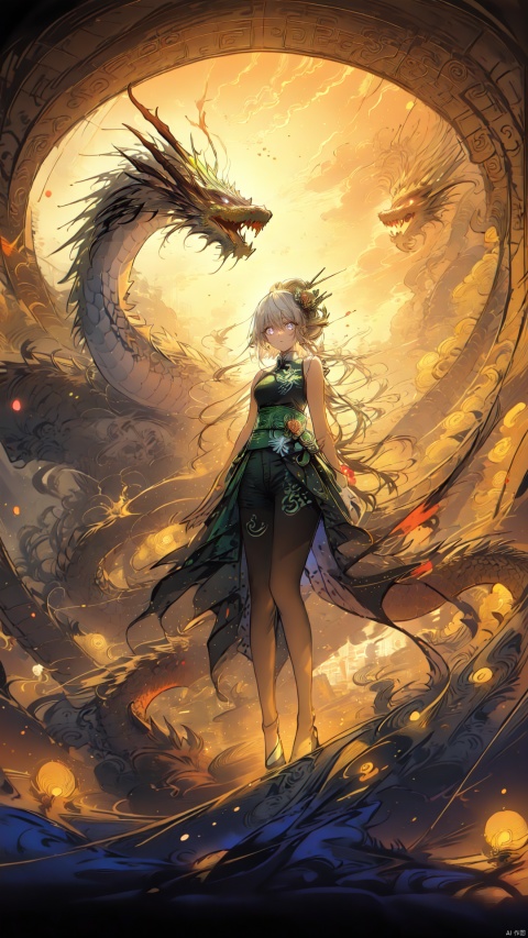  Chinese dragon, (peeks out), soaring in the sky, 1 girl,white hair,white pantyhose,long and majestic dragon body, highest quality, masterpiece, epic beauty,Outdoor, (Macaron color :1.2), Ancient Chinese architecture, Tower Pavilion, Terrace, Flying in the Sky, Majestic, Dreamlike style, Chinese Architecture, Sunset, cloud tops, verdant, peach blossoms, textured skin, Super detail, best quality, visual art, God beast, ink paniting, white pantyhose