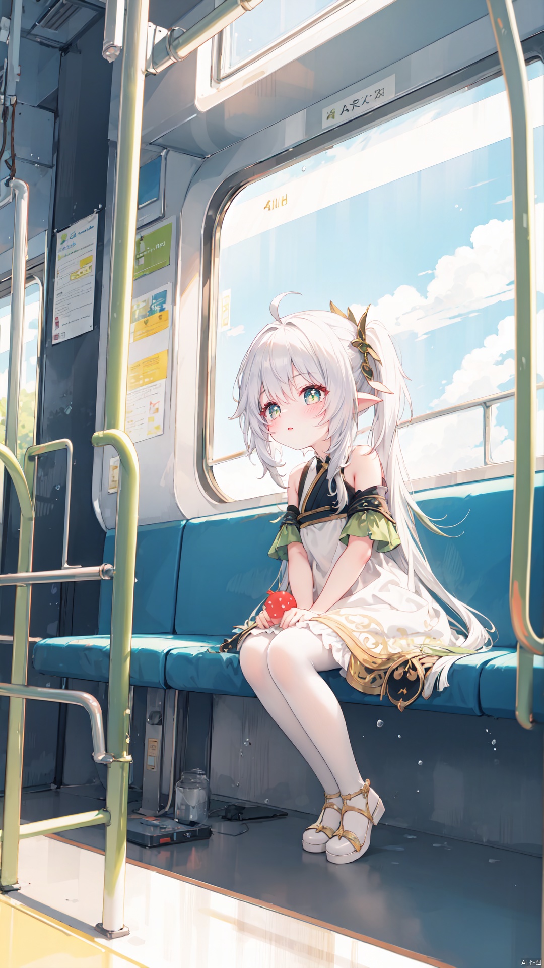  best quality,loli,(1girl,solo),long hair,( hair ribbon:0.8), hanfu dress,sundress,(sitting,looking out of window),((on the train, train windows,indoors)),trees,plain,clouds,(from side,full body,wide shot, mid shot), white pantyhose,(ahoge),((slit pupils)), keqingdef, ru_qun, nahidadef,