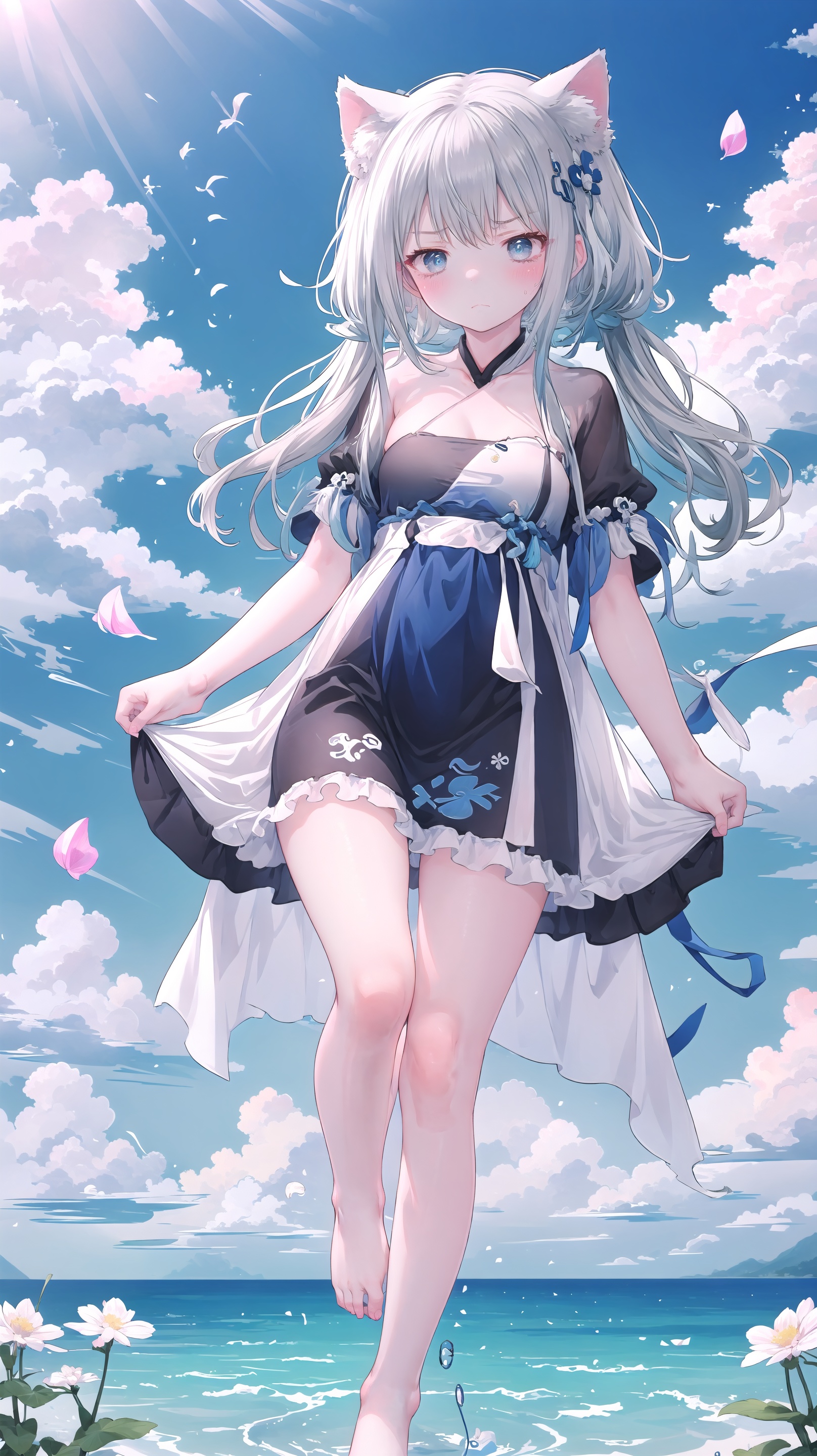 full body,[(white background:1.2)::8],(mid shot:0.95),dynamic angle,
1girl,loli,hanfu,(blush,shy),closed mouth, (cat ears), solo,
barefoot ,bare legs ,blue_sky,  cloud_sky, frown, (angry), spoken anger vein, anger vein,  (standing on one leg), underfoot,
clover, bubble, water, petals, bloom,
girl in flower,stream,ru_qun