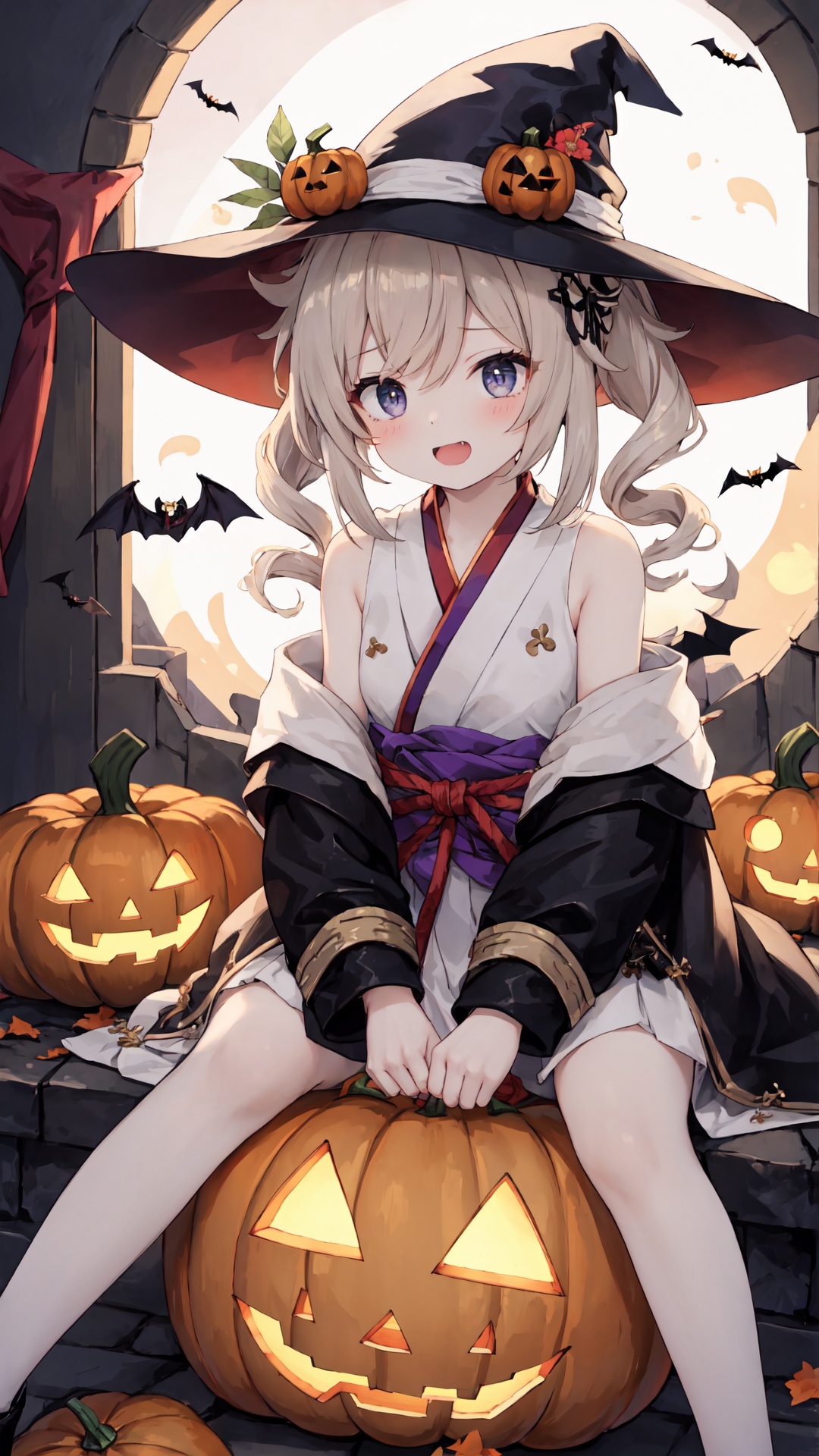  masterpiece, bat, halloween, 1girl, loli, hanfu, hanfu dress, jack-o'-lantern, ghost, Sit on a pumpkin, castle, demon, ghost, candy, fangs, halloween, ru_qun, , raidenshogundef, KAMISATOAYAKADEF, shenhedef, barbaradef