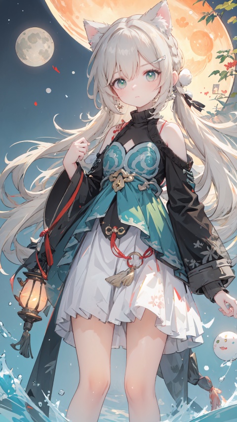 masterpiece:1.2, PIXIV, As the moon,loli, solo,(scared:1.5), long hair, moon, looking at viewer, full moon, wide sleeves, long sleeves, floral print, egasumi, hair ornament, bangs, hair between eyes, standing, closed mouth, jewelry, blush, earrings, Cat ear, Hanfu,  best quality