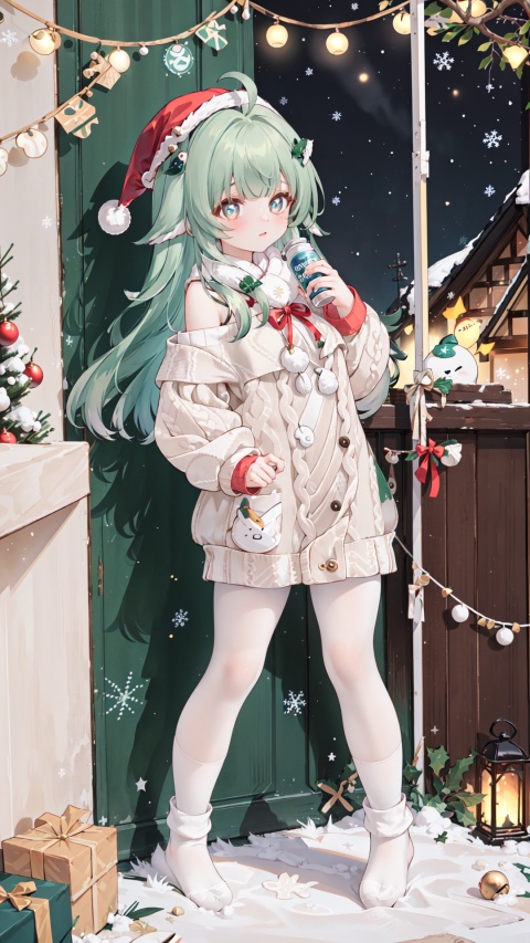  best quality,Christmas Day,1girl,muffler,long hair, sweater,drinking,new year, off shoulder,socks,bottle, long sleeves,milk,solo, ahoge, hand on hip,standing,new year, bangs, off-shoulder sweater, dress, no shoes, full body, blush, puffy long sleeves,sweater dress, puffy sleeves,Snow,snowing,outside, Pine, box, christmas tree, merry christmas, holding gift, christmas lights, looking at viewer,ornament,heart-shaped box,(((white pantyhose,White Christmas socks:1.25))), furina, huohuohsr