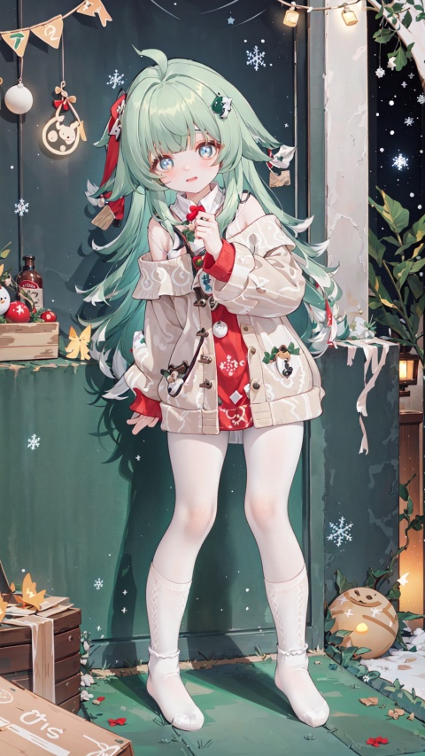  best quality,Christmas Day,1girl,muffler,long hair, sweater,drinking,new year, off shoulder,socks,bottle, long sleeves,milk,solo, ahoge, hand on hip,standing,new year, bangs, off-shoulder sweater, dress, no shoes, full body, blush, puffy long sleeves,sweater dress, puffy sleeves,Snow,snowing,outside, Pine, box, christmas tree, merry christmas, holding gift, christmas lights, looking at viewer,ornament,heart-shaped box,(((white pantyhose,White Christmas socks:1.25))), furina, huohuohsr
