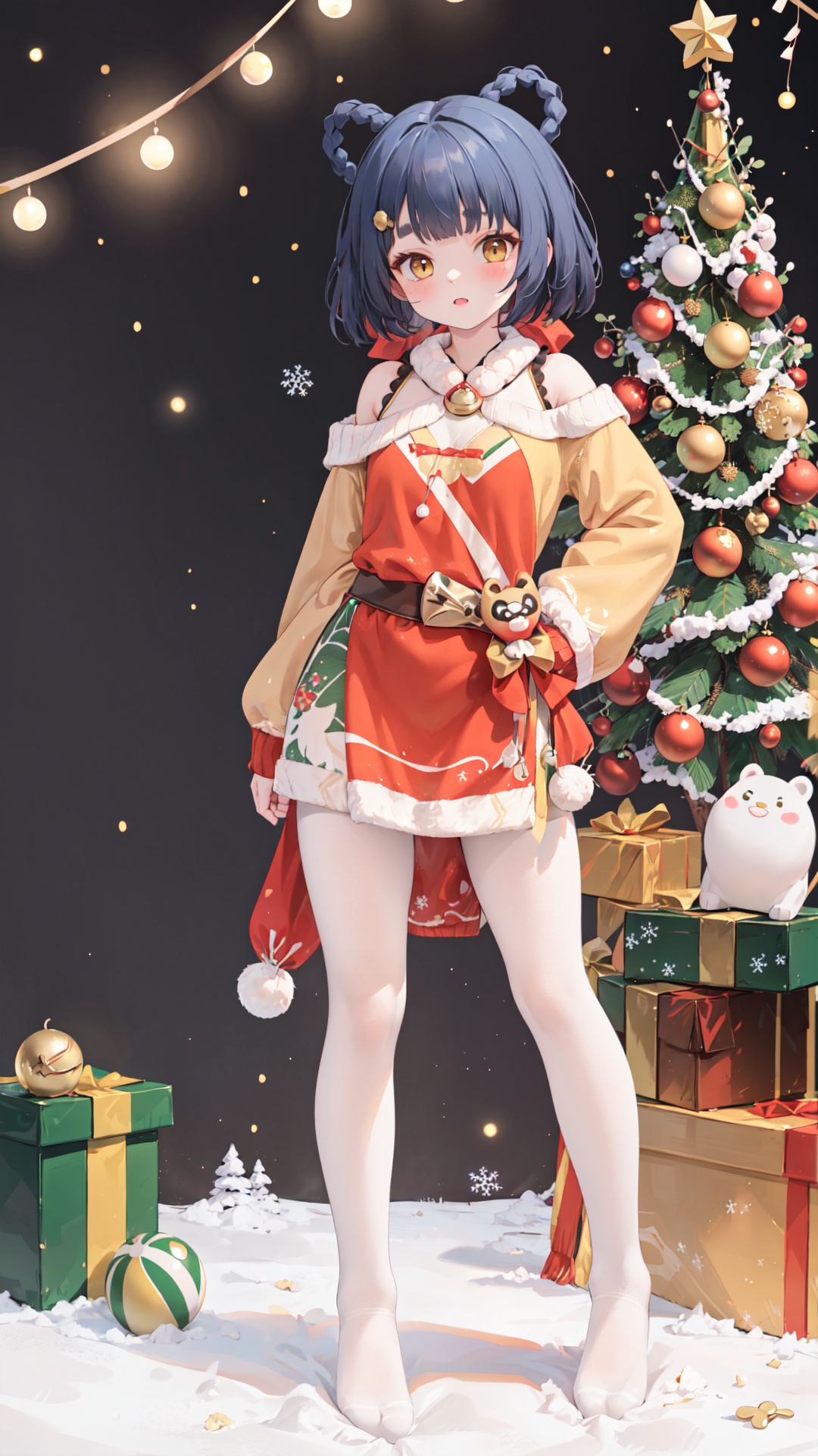  best quality,Christmas Day,1girl,muffler,long hair, sweater,drinking,new year, off shoulder,socks,bottle, long sleeves,milk,solo, ahoge, hand on hip,standing,new year, bangs, off-shoulder sweater, dress, no shoes, full body, blush, puffy long sleeves,sweater dress, puffy sleeves,Snow,snowing,outside, Pine, box, christmas tree, merry christmas, holding gift, christmas lights, looking at viewer,ornament,heart-shaped box,(((white pantyhose,White Christmas socks:1.25))), furina, huohuohsr, barbaradef, focalors \(genshin impact\), keqingdef, FARUZANRND, ganyudef, yaemikodef, raidenshogundef, lisadef, yoimiya (genshin impact), 1girl, yaoyaodef, sayudef, shenhedef, xianglingdef