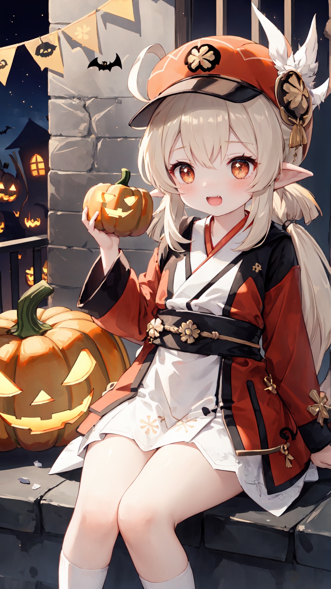  masterpiece, bat, halloween, 1girl, loli, hanfu, hanfu dress, jack-o'-lantern, ghost, Sit on a pumpkin, castle, demon, ghost, candy, fangs, halloween, ru_qun, , raidenshogundef, KAMISATOAYAKADEF, shenhedef, barbaradef, yoimiya \(genshin impact\), flower, kleedef