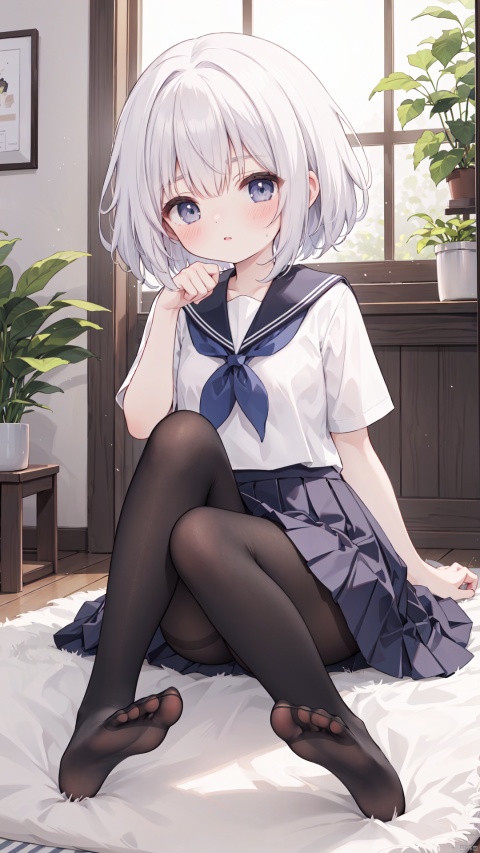  best quality,loli,solo, pantyhose, skirt, school uniform, white pantyhose, no shoes, looking at viewer, feet, sitting,skirt, pleated skirt, paw pose, soles, white shirt, short sleeves, sailor collar, shirt,blush, toes, parted lips,indoors, bangs, plant, window, 