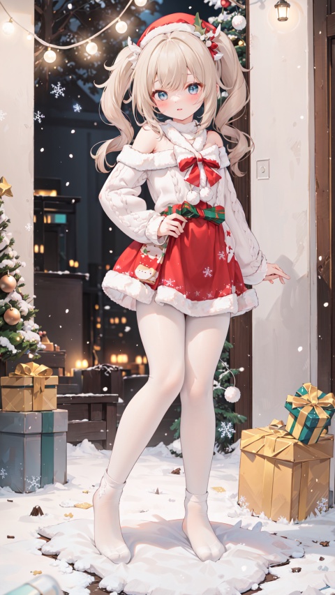  best quality,Christmas Day,1girl,muffler,long hair, sweater,drinking,new year, off shoulder,socks,bottle, long sleeves,milk,solo, ahoge, hand on hip,standing,new year, bangs, off-shoulder sweater, dress, no shoes, full body, blush, puffy long sleeves,sweater dress, puffy sleeves,Snow,snowing,outside, Pine, box, christmas tree, merry christmas, holding gift, christmas lights, looking at viewer,ornament,heart-shaped box,(((white pantyhose,White Christmas socks:1.25))), furina, huohuohsr, barbaradef