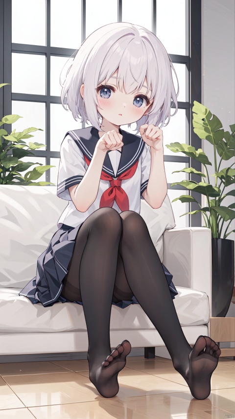  best quality,loli,solo, pantyhose, skirt, school uniform, white pantyhose, no shoes, looking at viewer, feet, sitting,skirt, pleated skirt, paw pose, soles, white shirt, short sleeves, sailor collar, shirt,blush, toes, parted lips,indoors, bangs, plant, window,