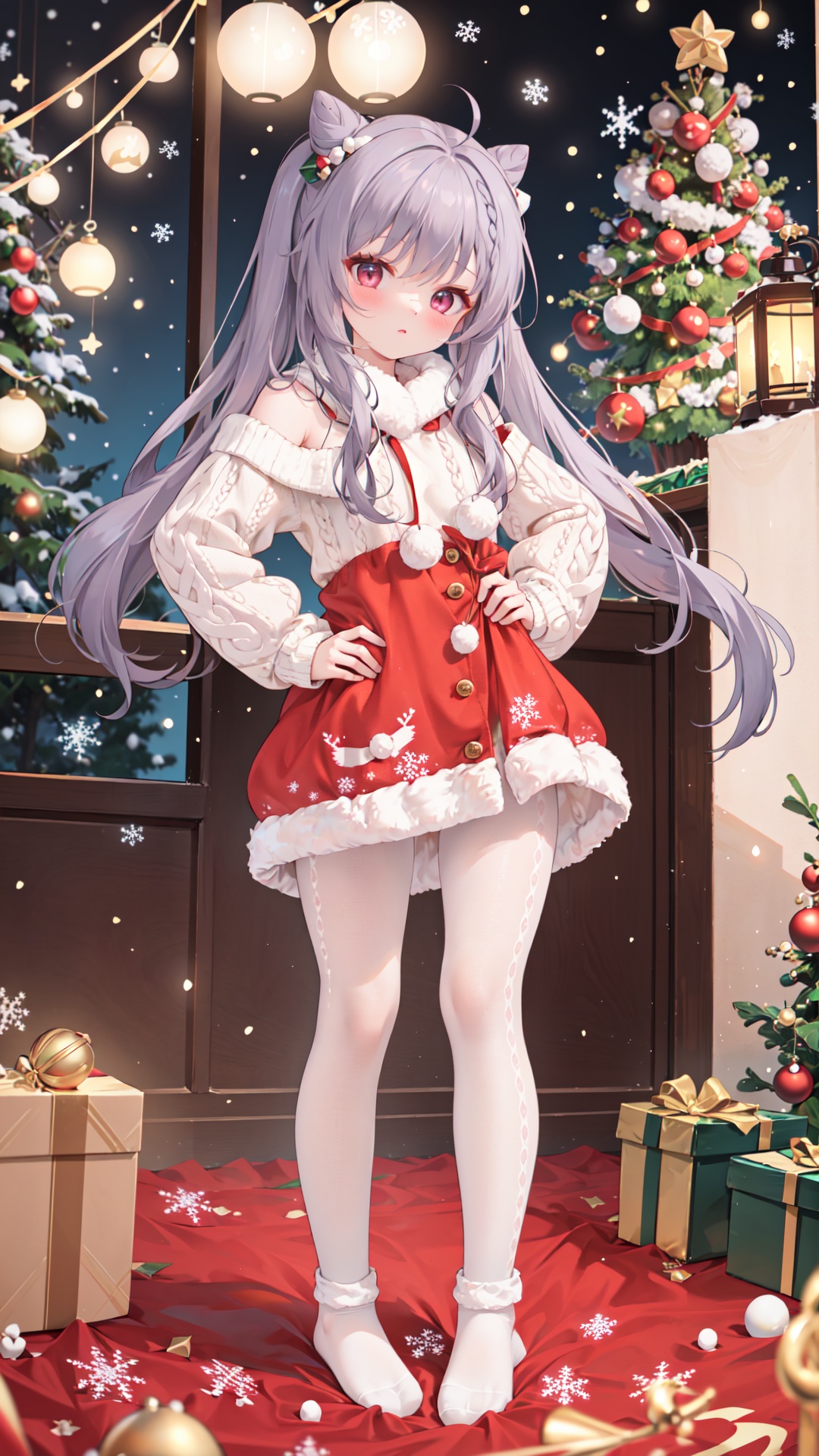  best quality,Christmas Day,1girl,muffler,long hair, sweater,drinking,new year, off shoulder,socks,bottle, long sleeves,milk,solo, ahoge, hand on hip,standing,new year, bangs, off-shoulder sweater, dress, no shoes, full body, blush, puffy long sleeves,sweater dress, puffy sleeves,Snow,snowing,outside, Pine, box, christmas tree, merry christmas, holding gift, christmas lights, looking at viewer,ornament,heart-shaped box,(((white pantyhose,White Christmas socks:1.25))), furina, huohuohsr, barbaradef, focalors \(genshin impact\), keqingdef