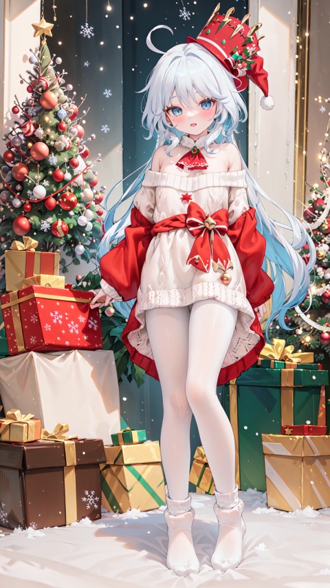  best quality,Christmas Day,1girl,muffler,long hair, sweater,drinking,new year, off shoulder,socks,bottle, long sleeves,milk,solo, ahoge, hand on hip,standing,new year, bangs, off-shoulder sweater, dress, no shoes, full body, blush, puffy long sleeves,sweater dress, puffy sleeves,Snow,snowing,outside, Pine, box, christmas tree, merry christmas, holding gift, christmas lights, looking at viewer,ornament,heart-shaped box,(((Christmas hat,white pantyhose,White Christmas socks:1.25))), furina