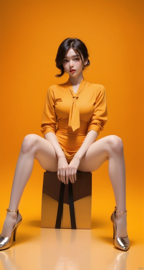  Best Quality, masterpiece, 1 girl, orange shirt, (tie) , exposed thighs, exposed navel, hourglass body, solid color background (orange background) , 1 girl, 1girl, china dress