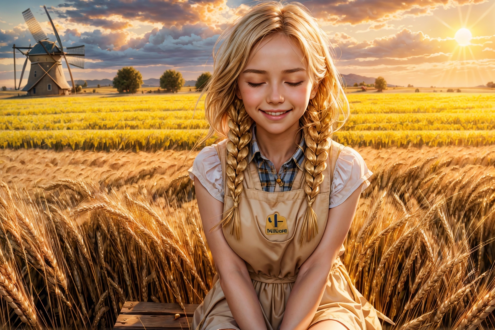  Light smile,Head down,(Blush),1girl,solo,Closed eyes,Closed mouth,blondehair,Side braid,wheat field,windmill,lake,bench,Sitting,extremely detailed CG,unity 8k wallpaper,illustration,lens 135mm,masterpiece, best quality,young girl,naughty face,cowboy shot,(yellow flowers:1.2),(scarecrows:1.1),hand between legs,
(cloud:1.5),(sunset:1.3),(golden hour lighting:1.3),{{Bokeh}},depth of field,
white apron,((Wheat field)),seductive Pink eyes,Big breasts,nikon d850, smooth, dynamic lighting,Big tits,
