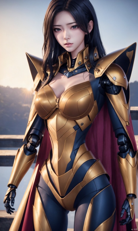  8k, best quality, masterpiece,1girl, illustration, an extremely delicate and beautiful, extremely detailed ,CG ,unity ,wallpaper, finely detail, official art, unity 8k wallpaper,big breasts,Big tits, incredibly absurdres, quan,ban,,red cape,malenia_blade, hjyzbrobot, machine,1girl, hjyjiazhourbt,white_armor, Mecha,Female robots, leidianjiangjun, ,Slim,Perfect figure,,, tianqi,Textured skin,Textured hair,Photographer Toshio Sato's shooting style features fresh Japanese tones and Fuji cameras, with a 35MM lens. In the setting sun and golden moments, clear focus, sharp image: 1.6), emotional and atmospheric, with a golden realistic style. Portrait photography features lens flares, jastyle, long hair, Slim, Perfect figure, 1girl, jpeg artifacts, Textured skin