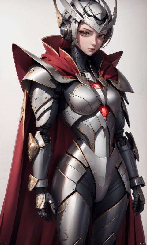  8k, best quality, masterpiece, illustration, an extremely delicate and beautiful, extremely detailed ,CG ,unity ,wallpaper, finely detail, official art, unity 8k wallpaper, incredibly absurdres, quan,ban,,red cape,malenia_blade, hjyzbrobot, machine,1girl, hjyjiazhourbt,White armor,