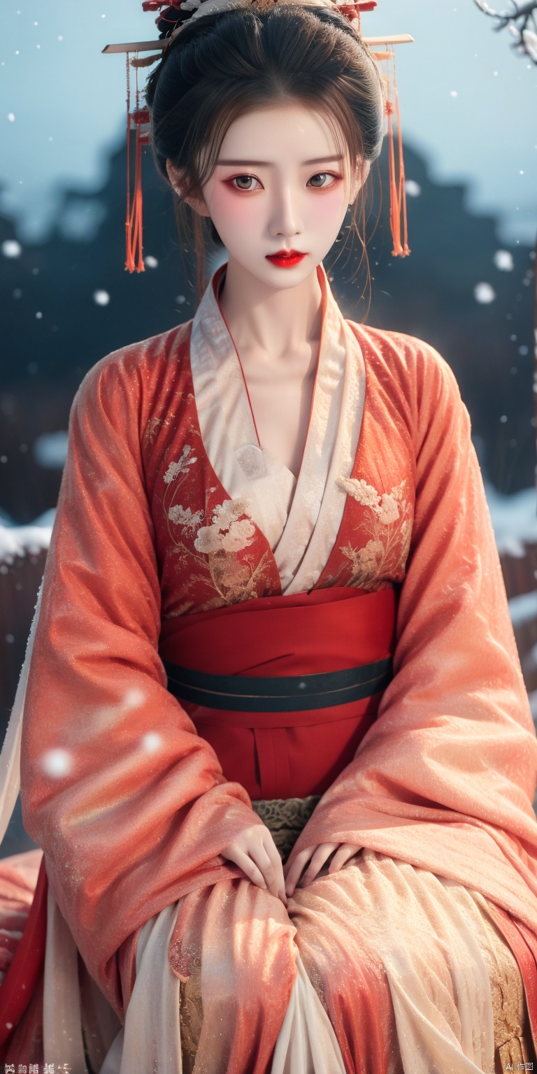  a girl,upper body, red linkedress,,Hanfu, China clothing,Look at the audience and sit down.Forehead mark,Red lips, snow, realistic, white shirt, juemei