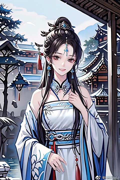 1girl, solo, long hair, looking at viewer, smile, black hair, hair ornament, long sleeves, dress, brown eyes, jewelry, closed mouth, upper body, earrings, outdoors, day, hand up, wide sleeves, tree, sash, watermark, chinese clothes, hand on own chest, building, tassel, hair stick, architecture, east asian architecture, qtcg,licg, guofeng