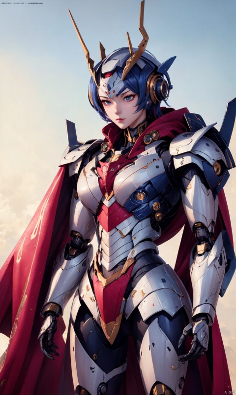  8k, best quality, masterpiece, illustration, an extremely delicate and beautiful, extremely detailed ,CG ,unity ,wallpaper, finely detail, official art, unity 8k wallpaper, incredibly absurdres, quan,ban,,red cape,malenia_blade, hjyzbrobot, machine,1girl, hjyjiazhourbt,white_armor, Mecha, leidianjiangjun