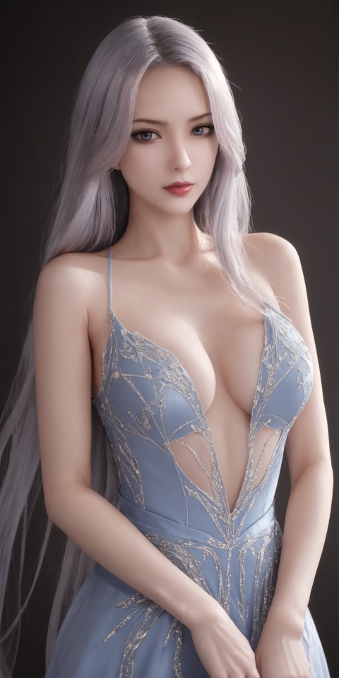  ,(((masterpiece,best quality))),((good structure,Good composition,good atomy)), ((clear, original,beautiful)), keke,fantasy theme,green blue theme,fractal,1girl,Blue evening dress made of silk,Long white hair,seductive Pink eyes,Big breasts,nikon d850, smooth, dynamic lighting,Straight hair,Centre parting,Tyndall effect,bangs,1 girl