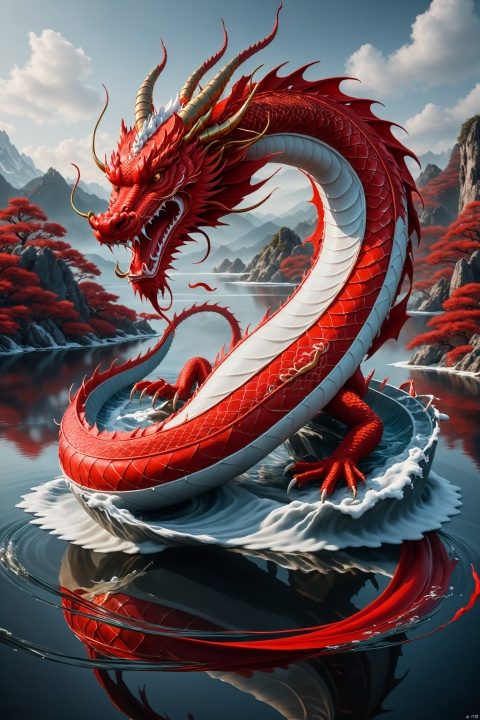 Paint a red dragon winding across the water, symbolizing the coming of the New Year, surreal, award-winning, high detail, best quality