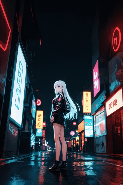  1girl, long hair, bangs, blue eyes, white hair, floating hair, Cyberpunk art, A mysterious girl in a neon-drenched outfit, standing in front ofaglowing时空传送 portal, amidst a bustling plaza filled with futuristic technology, wide-angle shot, high-definition details, with a focus on the contrasting neon lights and dark atmosphere.