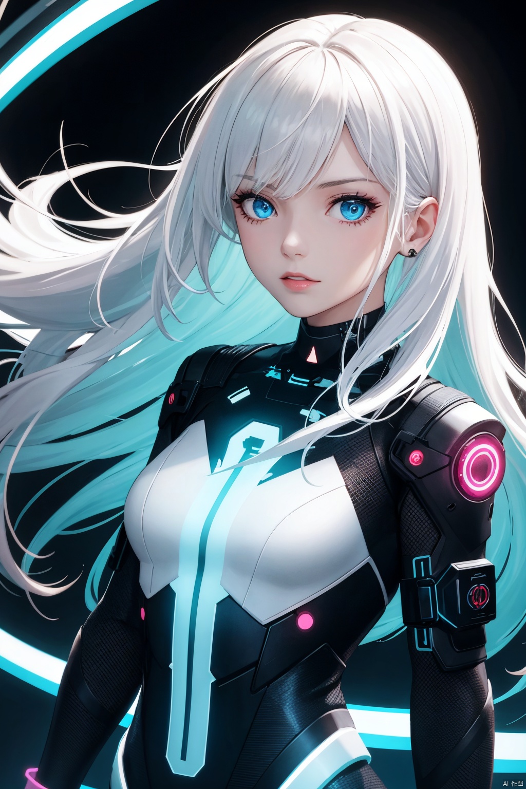  1girl, long hair, bangs, blue eyes, white hair, floating hair,Cyberpunk Vector Art, A mysterious girl with a tech-inspired outfit, Background ofwoven cables and glowing digital codes, Top-down angle, Sharp lines, neon colors, metallic textures